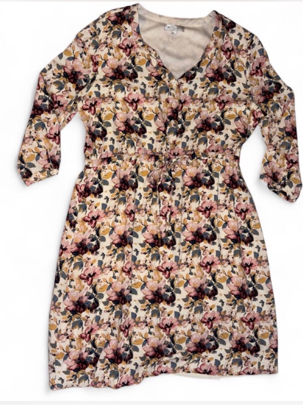 DE Collection Cream Floral V-Neck Tie-Waist Dress with Pink and Mustard Blooms